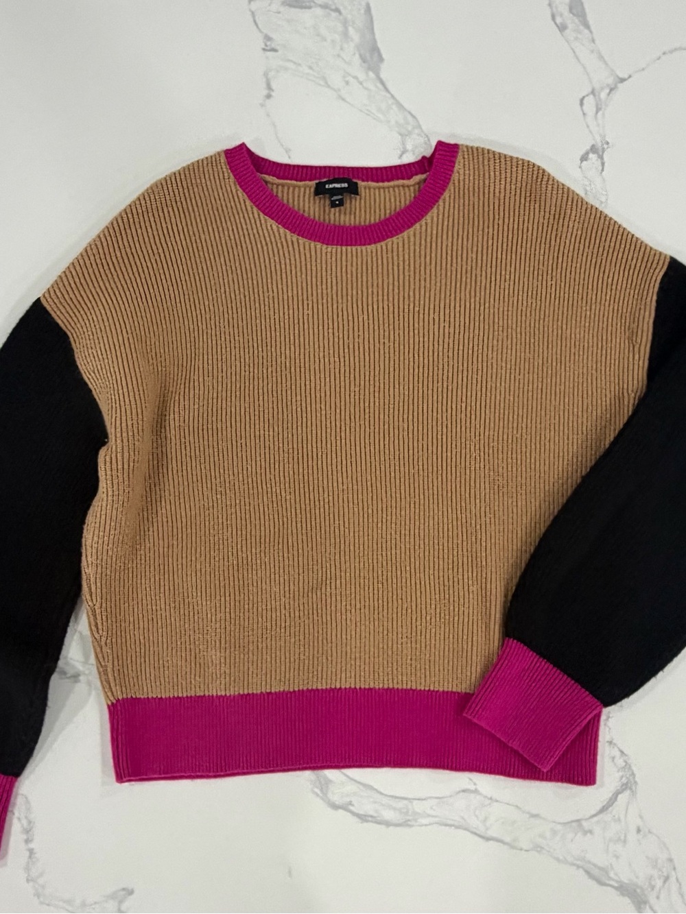Express Women's Colorblock Ribbed Knit Crewneck Sweater Tan Fuchsia Black Small